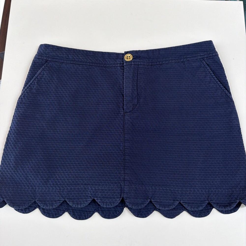 Lilly Pulitzer Navy Blue Seersucker Scalloped Hem Skort Womens 10 Preppy Mini